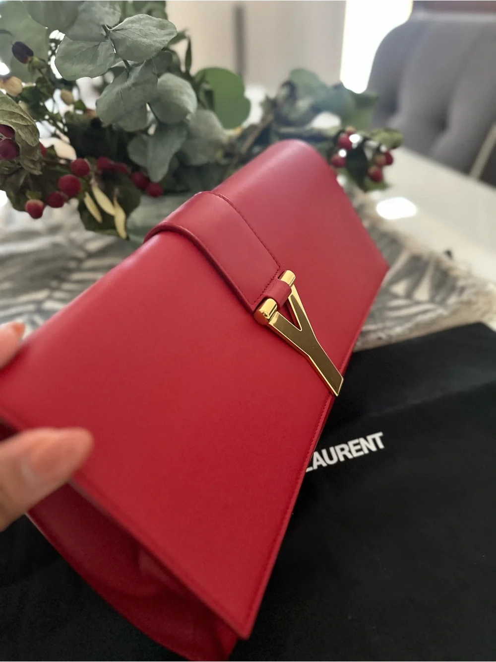 AUTHENTIC Saint Laurent Calfskin Red Leather Y-Closure Clutch with Gold Hardware